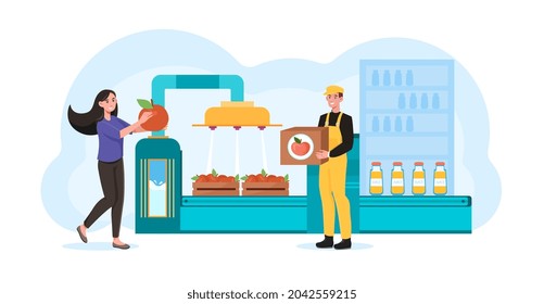 Fruit Juice Factory concept. Automatic conveyor with various stages of beverage preparation. Whole apples and ready made juice in bottles. Cartoon flat vector illustration isolated on white background