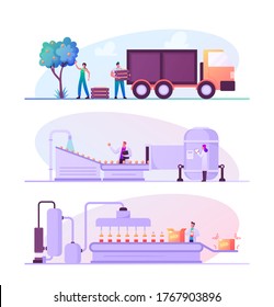 Fruit Juice Factory Manufacturing. Characters Harvesting Ripe Fruits, Loading Into Truck, Delivering To Plant Conveyor For Producing And Retail Natural Beverage. Cartoon People Vector Illustration