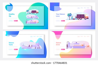 Fruit Juice Factory Manufacturing Landing Page Template Set. Characters Harvesting Ripe Fruits, Loading into Truck, Delivering to Plant Conveyor for Retail Beverage. Cartoon People Vector Illustration