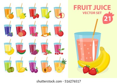 Fruit Juice In Glass, Vector Illustration Set. Icon. Drinks,isolated On A White Background.Template For Cooking, Restaurant Menu And Vegetarian Food.