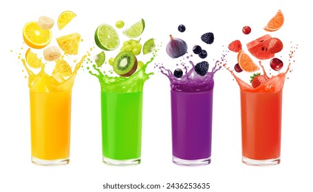 Fruit juice glasses with splashes of fruits and berries mix, realistic vector. Orange, strawberry, raspberry and cherry, kiwi, grapes and banana, fruits and berries falling in glass cup with splash