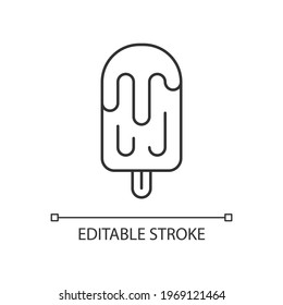 Fruit juice ice pop linear icon. Snack food. Frozen water, orange juice. Brain freezing. Thin line customizable illustration. Contour symbol. Vector isolated outline drawing. Editable stroke