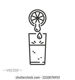 fruit juice icon, fresh lemonade glass, citrous drink, squeeze orange or lemon, thin line symbol on white background - editable stroke vector illustration eps10