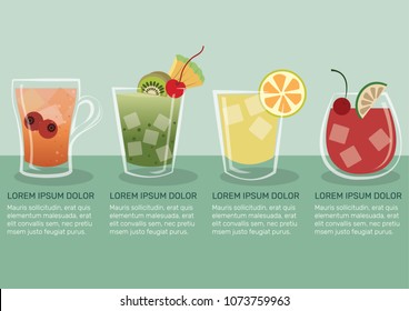 Fruit juice infographic vector illustration. Set of fruit juice vector. Cranberry, kiwi, lemon, and cherry juice.