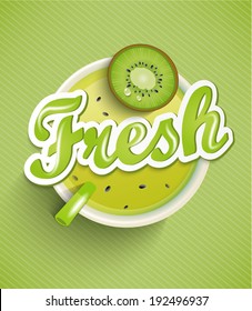 Fruit juice with inscription fresh isolated on green background. Vector.