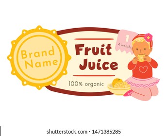 Fruit juice label flat vector illustration. Smiling girl, kid sitting and eating orange cartoon character. Organic healthy nutrition, vitamins for children, citrus fruits packaging sticker