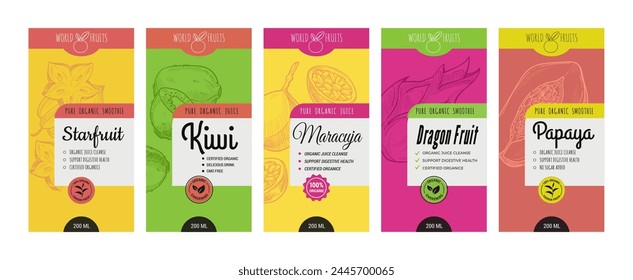 Fruit juice label set, pure organic juice sticker. Isolated on white badge object for tropical liquid product emblem, vector illustration. Template package collection with hand drawn element