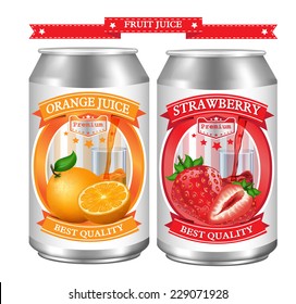 Fruit Juice Label Vector Visual On Can, Ideal For Fruit Juice. Can Drawn With Mesh Tool. Fully Adjustable & Scalable. Vector Illustration 