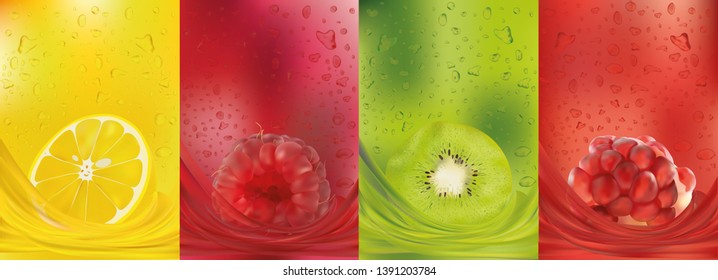 Fruit juice, lemon, raspberry, kiwi, pomegranate. 3d fresh fruits. Fruit splashes close up. Vector illustration.