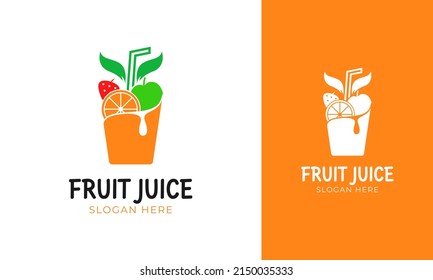 Fruit Juice Logo Design. Drink Cup With Fruit Concept. Fresh Juice And Healthy For Vegetarian