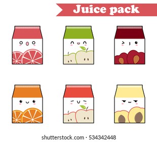 Fruit juice pack vector set, kawaii fruit juice pack set with grapefruit, green apple, cherry, orange, red apple and peach juice. Flat vector juice pack