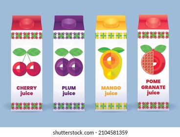 Fruit juice packaging set. Cherry, plum, mango, pomegranate juice carton box package isolated. Realistic juice package template. Fruit icons, simbols, logos 