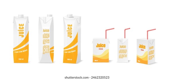 Fruit juice packaging variations realistic vector illustration set. Cardboard boxes of drink design template 3d objects on white background