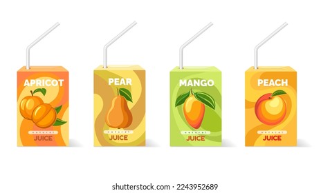 Fruit juice packets. Apricot pear mango peach juices packed boxes with straw pipes for kids and baby vector illustration isolated on white background svg