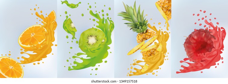 Zumo de fruta, piña, kiwi, naranja, frambuesa. Frutas frescas. Se cierran las salpicaduras de fruta. Ilustración vectorial.