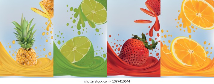 Fruit juice, pineapple, lime, orange, strawberry. Fresh fruits. Fruit splashes close up. 3d vector illustration.