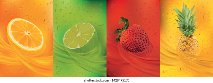 Zumo de fruta, piña, lima, naranja, fresa.3 d fruta fresca. Las salpicaduras de fruta se cierran.Ilustración vectorial.