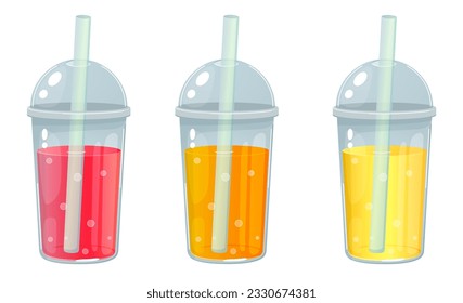 Fruit juice in a plastic cup with a straw. Lemonade, orange, strawberry, summer drinks. Juice to go with fresh fruits.Summer background for banner,poster.