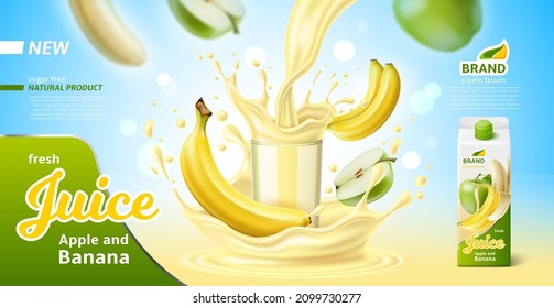 Fruit juice poster. Realistic mixed drink banner. Apple and banana with beverage splashes pouring in glass. Cardboard packaging design for branding. Healthy product