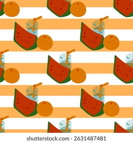 Fruit Juice Seamless Pattern Design featuring watermelon slices, round oranges, and juice-filled glasses in flat cartoon style on orange and white horizontal stripes.

