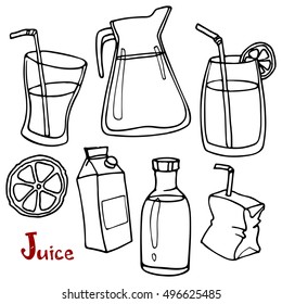 Fruit juice set of linear drawings for design and illustration.