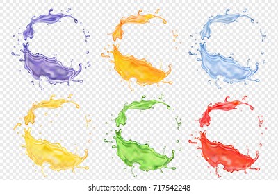 Fruit juice set, transparent realistic colored splashes vector icon