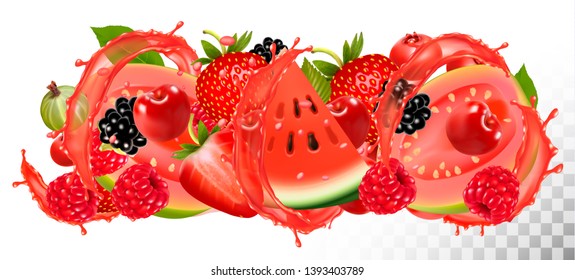 Fruit in juice splash background. Strawberry, raspberry, blueberry, guava, watermelon, cherry. Vector.