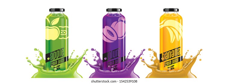 Fruit juice splash bottle set, apple, plum, banana sticker design.
