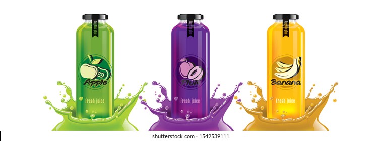 Fruit juice splash bottle set, apple, plum, banana sticker design.