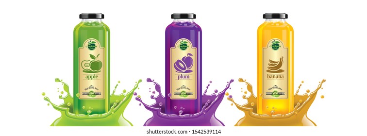 Fruit juice splash bottle set, apple, plum, banana sticker design.