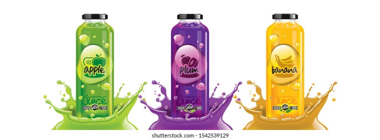 Fruit juice splash bottle set, apple, plum, banana sticker design.