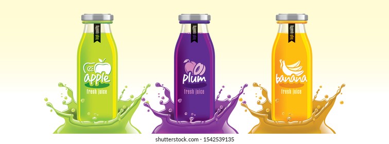 Fruit juice splash bottle set, apple, plum, banana sticker design.