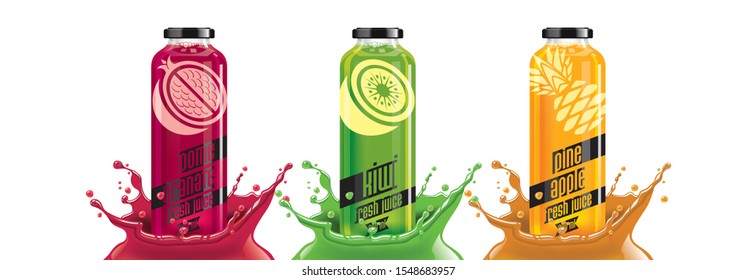 Fruit juice splash bottle set, pomegranate, kiwi, pineapple sticker design.