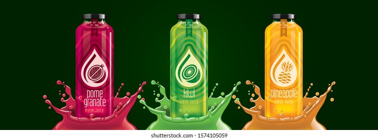 Fruit juice splash bottle set, pomegranate, kiwi, pineapple sticker design.
