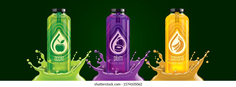 Fruit juice splash bottle set, apple, plum, banana sticker design.
