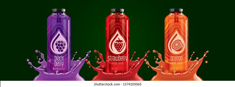 Fruit juice splash bottle set, blackberry, strawberry, orange sticker design.