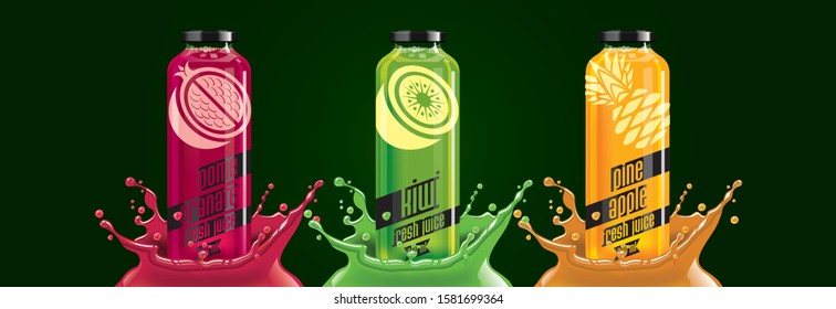 Fruit juice splash bottle set, pomegranate, kiwi, pineapple sticker design.