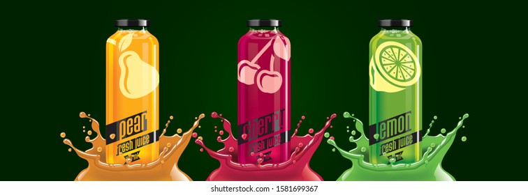 Fruit juice splash bottle set, pear, cherry, lemon sticker design.