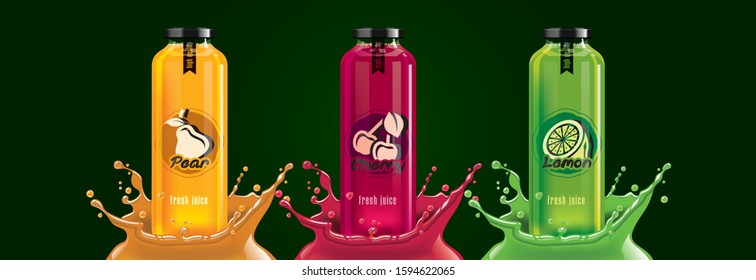 Fruit juice splash bottle set, pear, cherry, lemon sticker design.