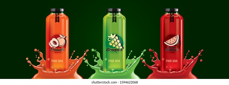 Fruit juice splash bottle set, peach, grape, watermelon sticker design.