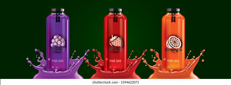 Fruit juice splash bottle set, blackberry, strawberry, orange sticker design.