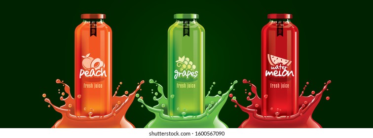 Fruit juice splash bottle set, peach, grape, watermelon sticker design.