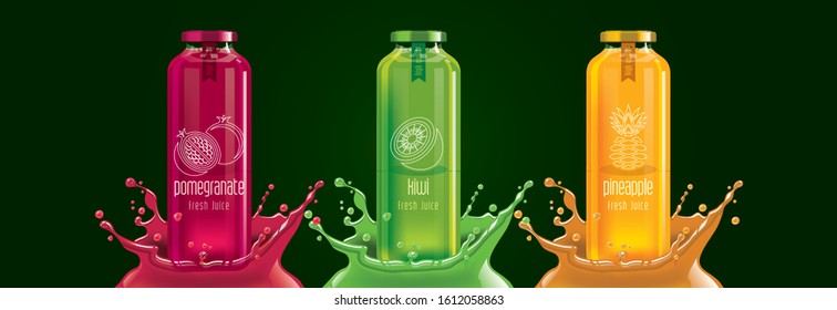 Fruit juice splash bottle set, pomegranate, kiwi, pineapple sticker design.