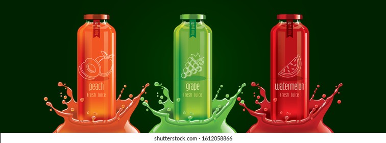 Fruit juice splash bottle set, peach, grape, watermelon sticker design.