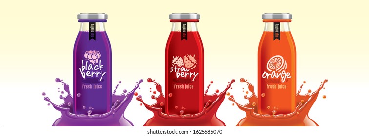 Fruit juice splash bottle set, blackberry, strawberry, orange sticker design.