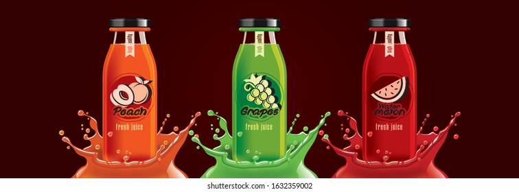 Fruit juice splash bottle set, peach, grape, watermelon sticker design.