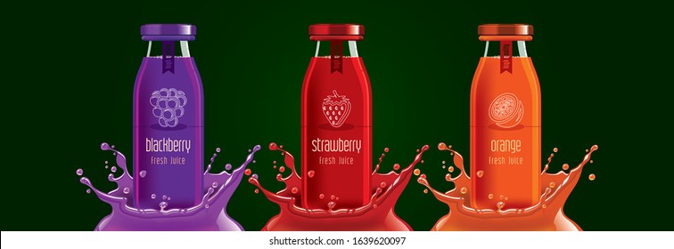 Fruit juice splash bottle set, blackberry, strawberry, orange sticker design.