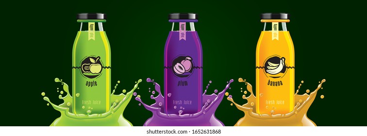 Juego de botellas de jugo de fruta, manzana, ciruela, diseño de pegatinas de plátano.