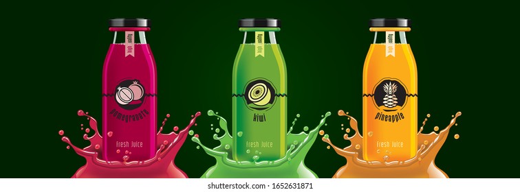 Fruit juice splash bottle set, pomegranate, kiwi, pineapple sticker design.