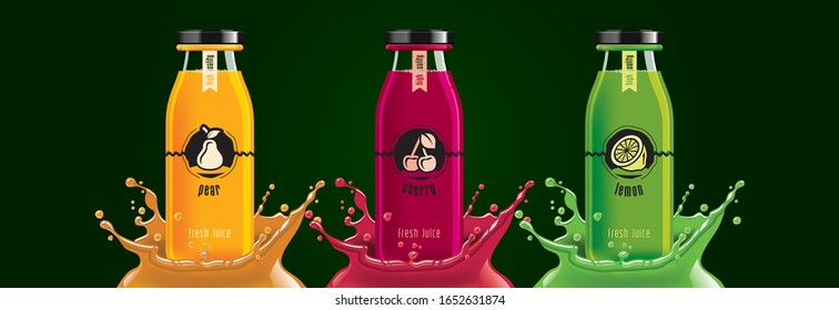 Fruit juice splash bottle set, pear, cherry, lemon sticker design.